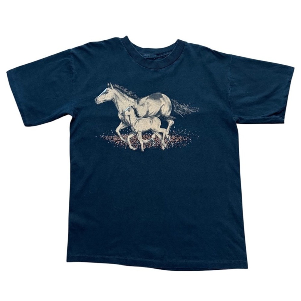 Vintage 90s Horses Running Equestrian Cottage Animal Nature Graphic Art T-shirt